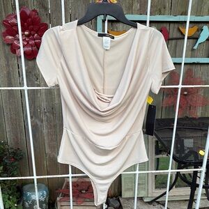 Cream Draped Fitted Bodysuit Top